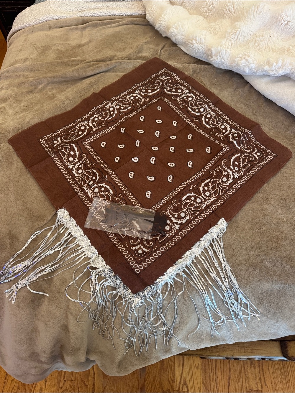 Brown Paisley Bandana Throw Accent with White Fringe